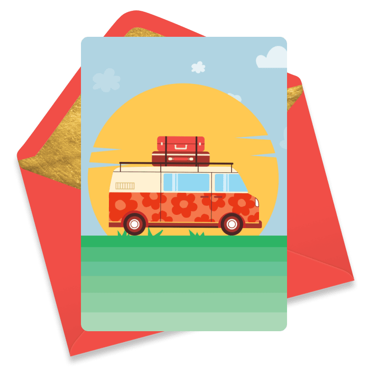 Birthday card with a retro van decorated with flowers and luggage on top driving at sunset.