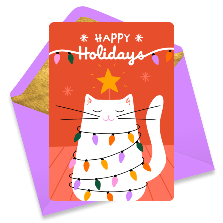 Christmas eCard with a white cat wrapped in Christmas lights under a star, with the text 'Happy Holidays'. Purple envelope.