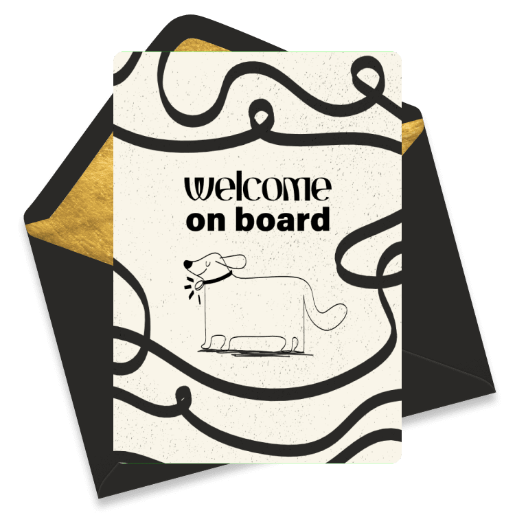 Minimalist welcome eCard with a line drawing of a dog, playful lines, and the text 'Welcome on board' on a textured background.