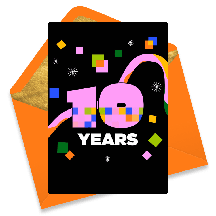 Bold eCard featuring a large pink '10' decorated with colorful squares, with 'Years' below on a black background with confetti.