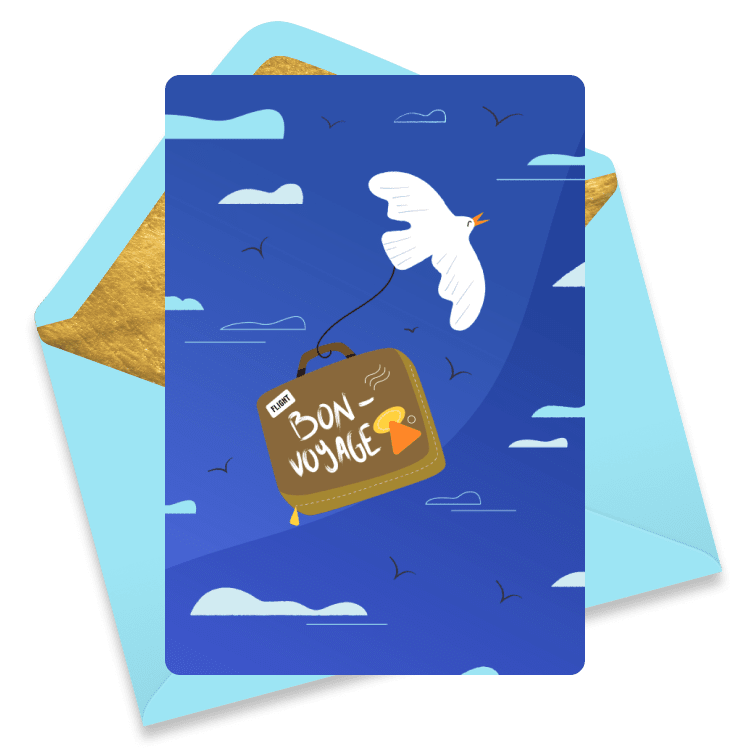 A cheerful bon voyage eCard showing a white bird carrying a suitcase labeled 'Bon Voyage' against a blue sky with clouds and flying birds.