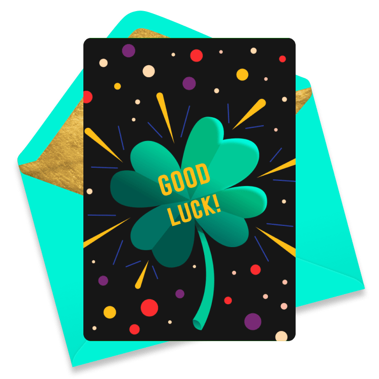 A good luck eCard featuring a green four-leaf clover with colorful confetti bursts and the phrase 'Good Luck!' on a black background.