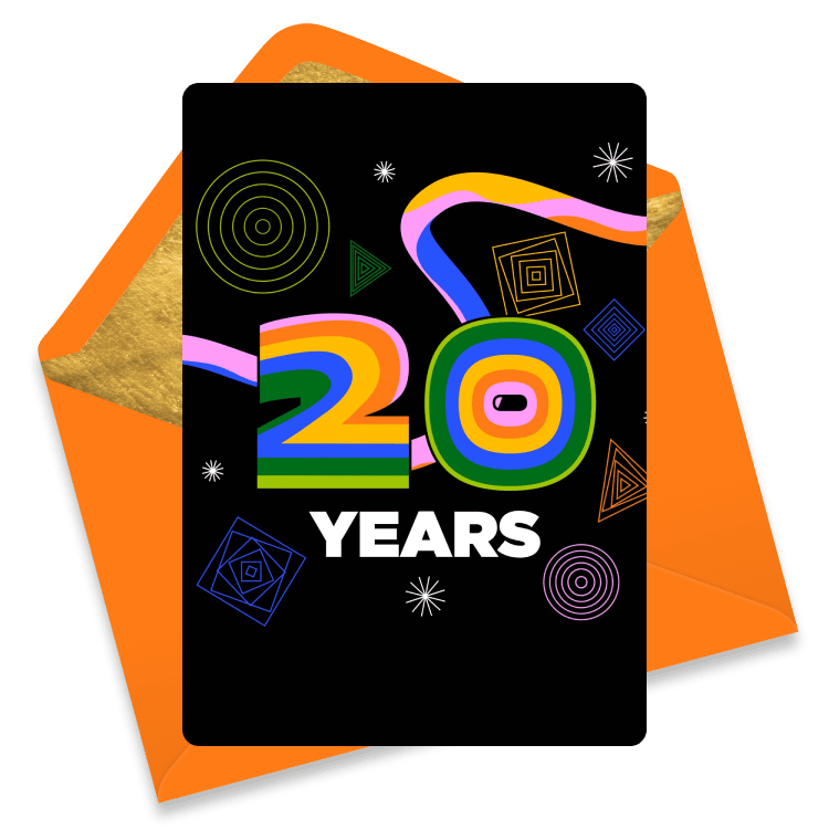 Bright work anniversary eCard celebrating 20 years of service with a large rainbow-colored '20', surrounded by geometric shapes on a black background.