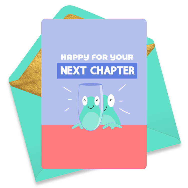 Cute eCard with a frog clinking a glass on a pastel background with the text 'Happy for Your Next Chapter'.