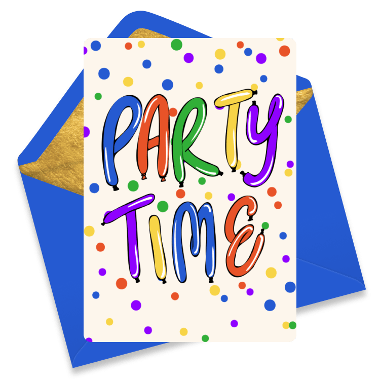 A festive party eCard featuring the phrase 'Party Time' in colorful balloon-shaped letters with a polka dot background.