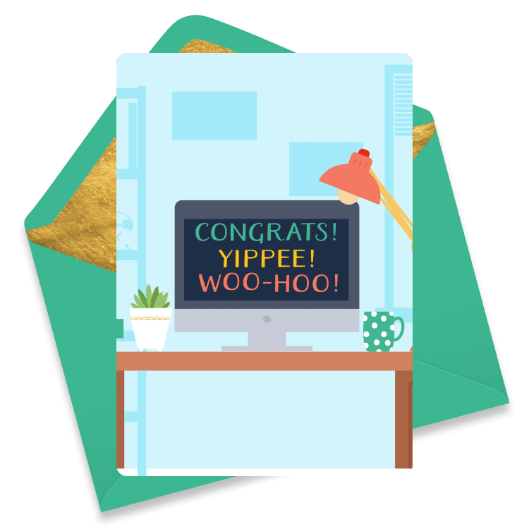 Work-from-home themed work anniversary eCard with a desk, computer screen showing 'Congrats! Yippee! Woo-hoo!' in colorful text, and a coffee mug.
