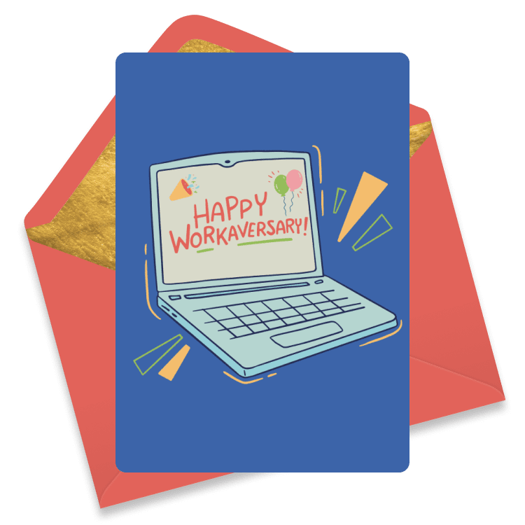 Fun eCard with an open laptop displaying 'Happy Workaversary!' with balloons and confetti on a blue background.