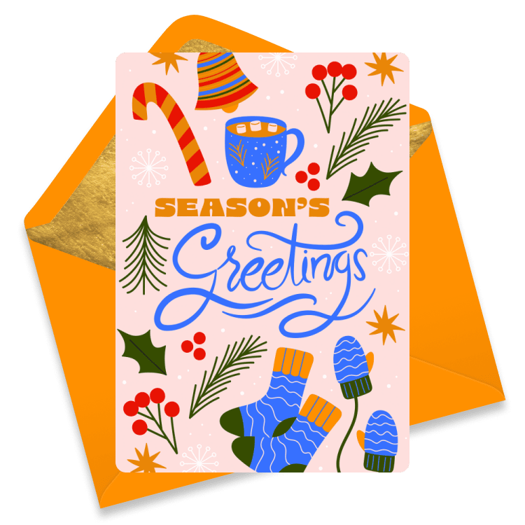 Christmas eCard with candy cane, bell, mug of cocoa, mittens, pine branches, holly, and the text 'Season's Greetings'. Bright festive colors with orange envelope.