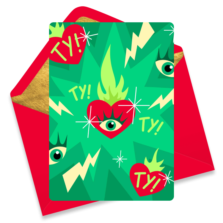 A bold thank you eCard featuring red hearts with green flames and eyes, lightning bolts, and playful 'TY!' text on a vibrant green background.